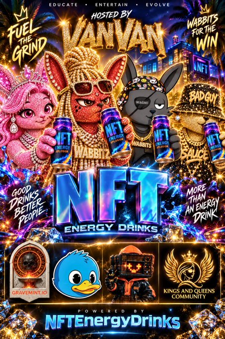 A vibrant promotional poster for an "NFT Energy Drinks" event hosted by VanVan, featuring cartoon characters holding energy drink cans with text including "WABBITZ FOR THE WIN," "GOOD DRINKS BETTER PEOPLE," and "MORE THAN AN ENERGY DRINK," alongside partner logos for Gravemint.io, a duck NFT, and Kings and Queens Community, supporting the post's announcement of a Twitter Space giveaway event on September 20th at 1:00 PM Central hosted by @100GrandVan and sponsored by @NFTENERGYDRINKS.
