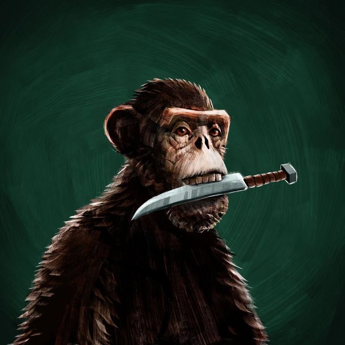 A digital painting of a chimpanzee holding a sword in its mouth against a dark green textured background.