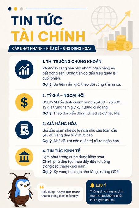 A Vietnamese financial news infographic titled 'TIN TỨC TÀI CHÍNH' (Financial News) covering stock market, USD/VND exchange rates, commodity prices, and macroeconomics, with tips on safe investing.