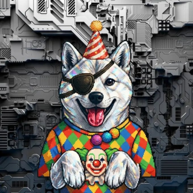A digital artwork of a stylized husky dog wearing a red and white striped party hat, an eyepatch, and a colorful diamond-patterned clown shirt, holding a small creepy clown figure against a gray mechanical/circuit board background.