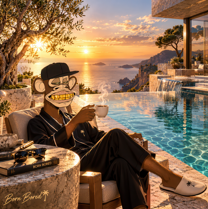 A stylized monkey character wearing a black cap and pajamas lounges by an infinity pool at sunset, sipping from a steaming cup beside a book titled "BORN BORED," embodying the post's message of self-accountability and chasing personal wins in Web3 on their own terms. The "Born Bored" branding is visible both on the book and as a logo in the bottom left corner.