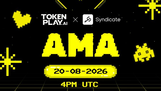 A promotional graphic for an AMA event between "TokenPlay.AI" and "Syndicate" on 20-08-2026 at 4PM UTC, featuring yellow pixel-art space invaders.