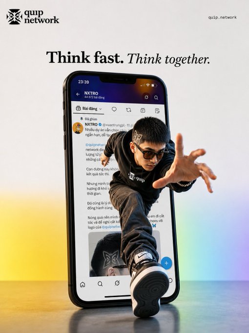 Promotional poster for 'quip.network' featuring the tagline 'Think fast. Think together.' with a person in a butterfly-pattern hoodie climbing out of a smartphone displaying a social media feed.