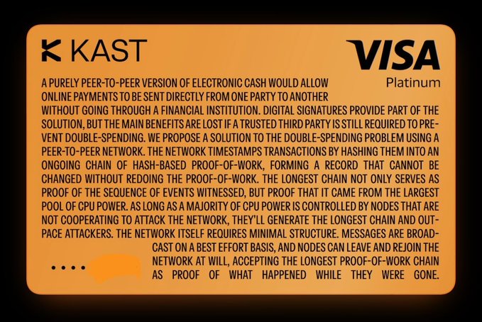 A KAST-branded Visa Platinum card featuring the famous Bitcoin whitepaper abstract printed on its face, blending traditional payment infrastructure with crypto culture. The design cleverly merges the legacy of decentralized digital cash with a modern fintech card product from KAST.