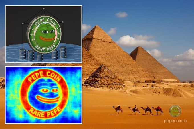 The image features the Pyramids of Giza with camels in the foreground, alongside two "PEPE COIN RARE PEPE" emblems (one metallic 3D coin and one heatmap-style graphic) with the watermark "pepecoin.io" in the corner. The "Ancient corn, gud corn" caption cleverly plays on the pyramid imagery by likening the ancient Egyptian structures to ancient "corn" (crypto slang for cryptocurrency), while celebrating the Pepe Coin artwork as the ultimate "good corn."
