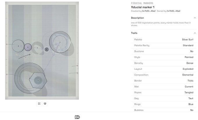 A screenshot of an NFT page shows an abstract geometric artwork titled 'fiducial marker 1', with traits listed including 'Silver Surf' palette, 'Dense' density, and 'Blue' rings.