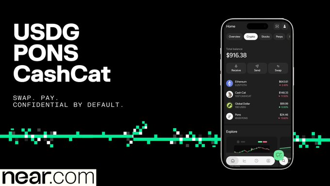 An advertisement for the 'USDG PONS CashCat' cryptocurrency wallet with the tagline 'SWAP. PAY. CONFIDENTIAL BY DEFAULT.' and near.com branding.