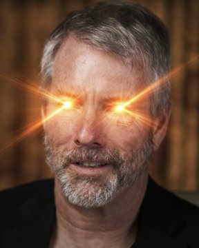 A man with glowing orange laser eyes beams from his face, visually representing Michael Saylor's intensified personal Bitcoin conviction as he clarifies on X that while Strategy sold 1,638 BTC, he personally has never sold a single satoshi, drawing a clear line between his unwavering individual commitment and the public company's actions.
