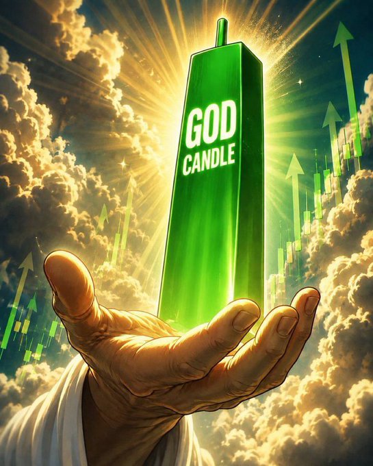 A digital artwork showing a hand holding up a glowing green candle labeled 'GOD CANDLE' against a cloudy sky with upward green arrows, symbolizing a massive financial price surge.