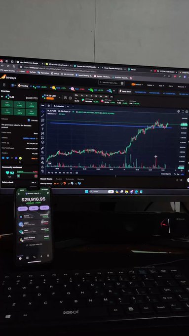 A desk setup showing a monitor displaying cryptocurrency charts on CoinGecko and TradingView with a portfolio value of '$6,003,779', alongside a phone showing a balance of '$29,916.95' and a Logitech keyboard.