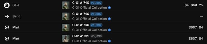 The image shows a transaction history listing multiple "C-01 Official Collection" NFT items (#1739 and #1740) with actions including a Sale for $4,860.25, a Send, and two Mint transactions at $607.84 each. This relates to the post by illustrating the early NFT minting prices and a subsequent sale, capturing the nostalgic sentiment of holding C-01 collectibles from the "good old times."