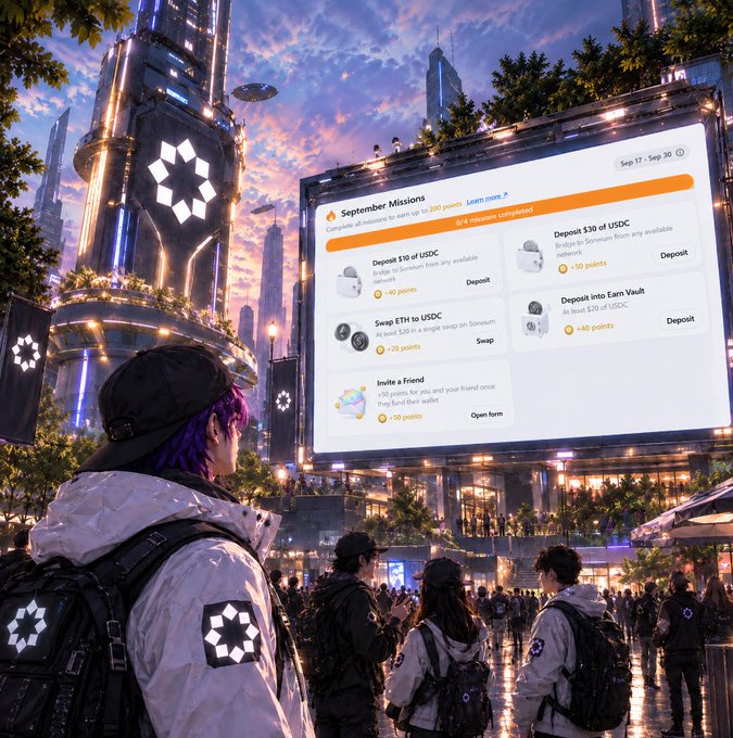 Futuristic city scene where people view a large digital billboard displaying 'September Missions' with tasks like 'Deposit $10 of USDC', 'Deposit $30 of USDC', 'Swap ETH to USDC', 'Deposit into Earn Vault', and 'Invite a Friend', showing +40 points each.