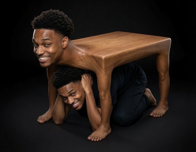 A surreal AI-generated image showing a man whose body forms a wooden table, with his head and legs on top while another identical man crouches underneath, smiling.