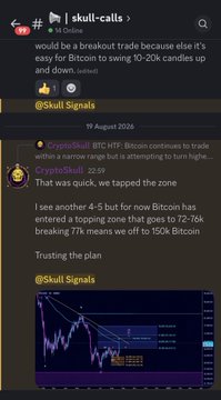 The image shows a Telegram channel called "Skull Calls" (@skull_calls) featuring Bitcoin (BTC) trading analysis, with posts from "CryptoSkull BTC HFT" discussing Bitcoin breaking resistance and tapping a topping zone at 72-76K, breaking 77M means to go to 150K Bitcoin, alongside a BTC price chart. 

The post appears unrelated, as it mentions being prepared for a different situation involving "@CCOLLECTIV3" and "$HYPE" spot, which doesn't connect to the Bitcoin trading discussion shown in the Skull Calls image.