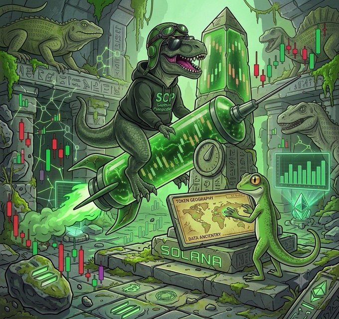 A green T-Rex wearing an "SCP Capital Printing Dept" hoodie rides a giant glowing syringe through ancient ruins, while a gecko examines a "Token Geography / Data Ancientry" map displaying Ethereum and Solana logos, with "SOLANA" labeled on a stone block below—visually framing $CP as a powerful, rising Solana memecoin breaking through old crypto barriers.