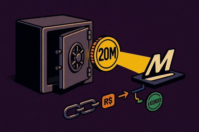 An illustration showing a safe with a gold coin marked '20M' being deposited, alongside a letter 'M', a chain link, an 'R$' symbol, and a 'LICENSED' badge on a dark purple background.