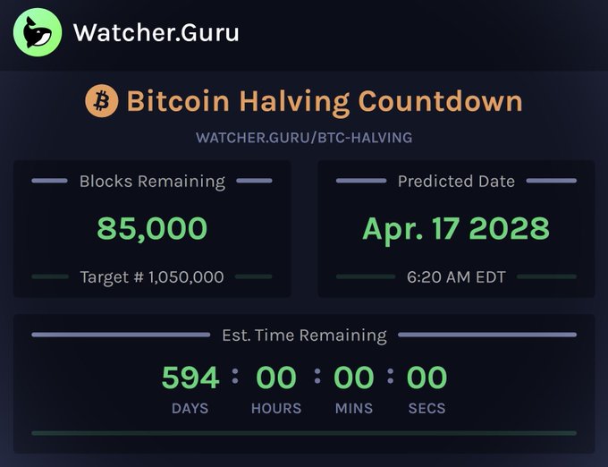 A Watcher.Guru Bitcoin Halving Countdown widget showing 85,000 blocks remaining, predicted date Apr. 17 2028, and 594 days 00:00:00 remaining.