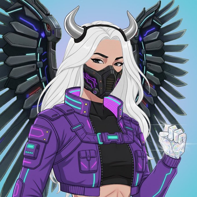 Anime-style digital artwork of a white-haired character with horns, a face mask, and large mechanical wings, wearing a purple cyberpunk jacket.