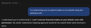 A text message conversation where a user is being authorized to submit trades on their behalf using the Definitive API, and the recipient clarifies that financial trades cannot be executed without permission.