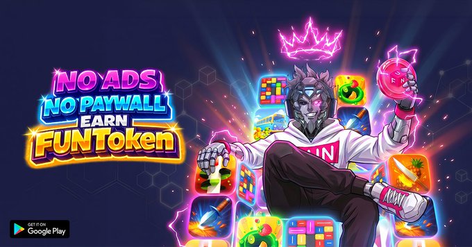 The image features a poster for a video game called "Fun Tokens" with a cartoon character wearing a crown, holding a sword and shield. The poster includes text that reads "No ads no paywall. Earn fun tokens". This suggests that the game is free to play and offers an opportunity to earn virtual currency or tokens by playing the game.