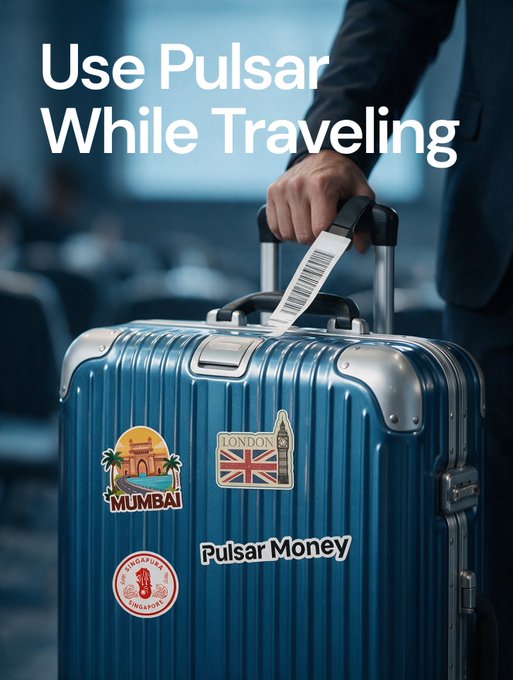 An advertisement shows a person holding the handle of a blue suitcase adorned with travel stickers for Mumbai, London, and Singapore, accompanied by the text 'Use Pulsar While Traveling' and 'Pulsar Money'.