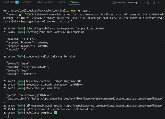 A terminal window running an npm agent script on PowerShell, showing logs for a 'FORCE_REBALANCE' override on KeeperHub, including a submitted rebalance for tokenId 1335305, workflow creation, and job submission with audit trail URLs.