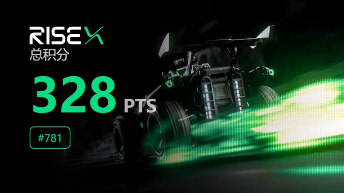 A RISE gaming profile screen showing a total score of 328 PTS with rank #781, featuring a stylized racing car graphic with green light trails.