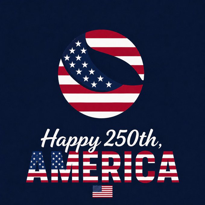 Patriotic graphic with an American flag-patterned circle logo and the text 'Happy 250th, AMERICA' on a dark navy background.