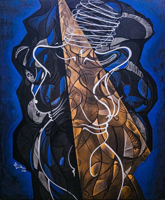An abstract painting featuring swirling black, white, and gold forms against a deep blue background, with a signature reading 'Eve Esh 2016'.