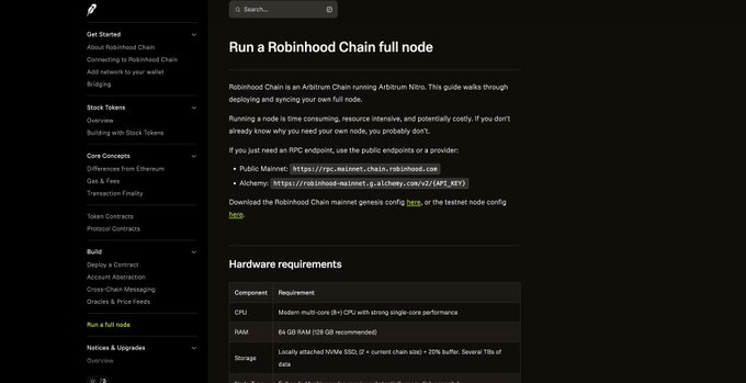 A documentation page titled 'Run a Robinhood Chain full node' with a sidebar listing sections like Get Started, Stock Tokens, Core Concepts, and a hardware requirements table (CPU, RAM, Storage).