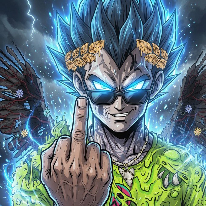 Anime-style illustration of a character with spiky blue hair, glowing blue eyes, sunglasses, and cheese on his head, giving the middle finger amid blue lightning.
