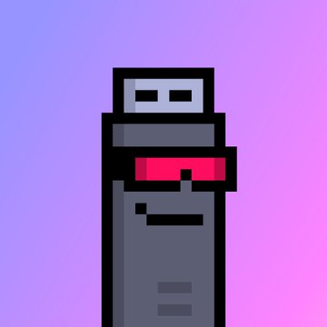 A pixel art illustration of a black USB flash drive with a red accent stripe against a purple gradient background.