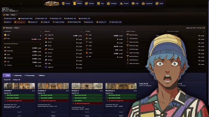 A screenshot of a resource management game interface (titled 'Land Wars') showing various resources and buildings, with an anime-style character with blue hair and a surprised expression overlaid on the right.