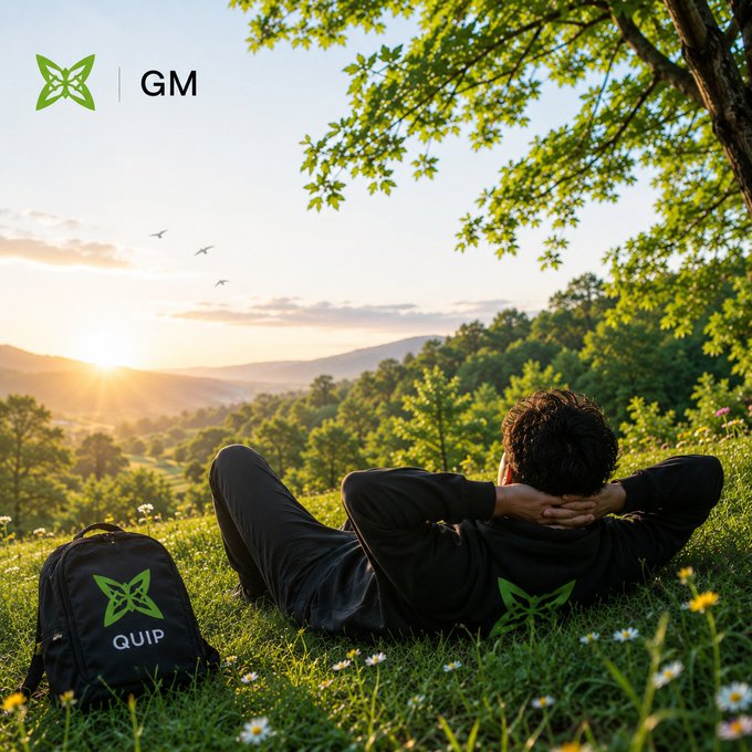 A person lies on grass in a sunlit hillside setting watching a sunset, with a black backpack labeled 'QUIP' beside them and a 'GM' logo with a green butterfly icon in the top left corner.