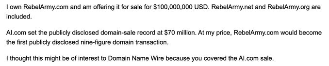 A text image advertises the sale of the domain name RebelArmy.com for $100,000,000 USD, noting that AI.com set the public domain sale record at $70 million.