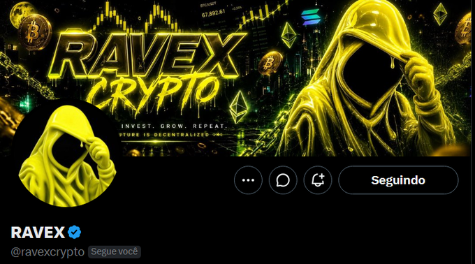 The image is a Twitter/X profile banner for "RAVEX Crypto" (@ravexcrypto) featuring a yellow-hooded figure, Bitcoin logos, and the tagline "INVEST. GROW. REPEAT." with a "Seguindo" (Following) button shown, visually reinforcing the post's call to follow the account for a $20 USDC giveaway.