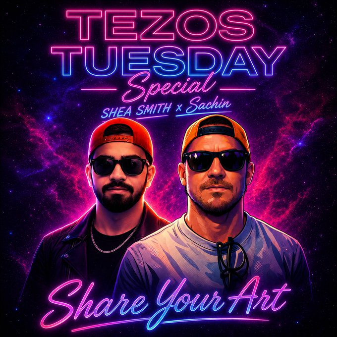 The image features a poster with two men wearing sunglasses and baseball caps against a purple background. The text on the poster reads "Tezos Tuesday Special #1", which indicates that this event is a special edition of Tezos Tuesday, featuring two artists. The poster also includes the hashtag "#shareyourart" in the bottom right corner, suggesting that attendees should share their artwork with others at the event.