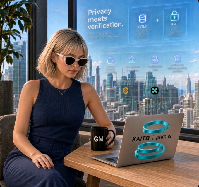 An advertisement for KAITO | primus shows a blonde woman in sunglasses using a laptop with a 'GM' mug, promoting privacy meets verification with zkTLS and FHE features.