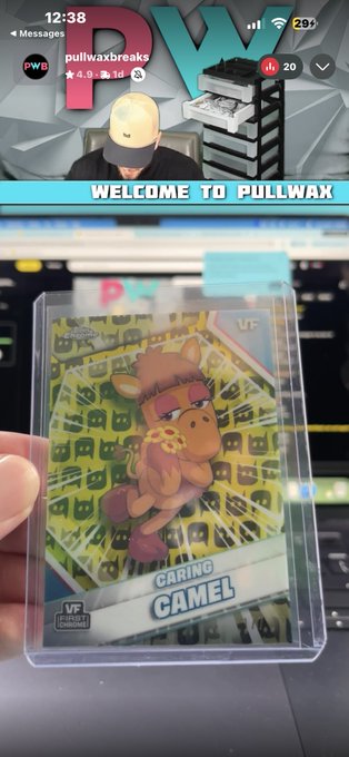 A hand holds a holographic "Caring Camel" trading card from VeeFriends, displayed in front of a livestream by @pullwax (PWB) with the banner "WELCOME TO PULLWAX." The card, a rare 1/7 / 150 VF tier pull, celebrates the lucky $24 break result highlighted in the post.