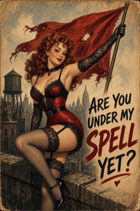 A vintage-style pin-up poster featuring a red-haired woman in lingerie holding a tattered red flag, with the text "ARE YOU UNDER MY SPELL YET?" on the right.