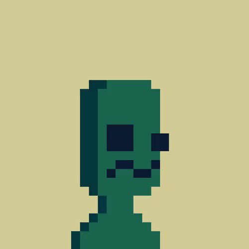 A pixel art illustration of a green zombie-like figure with hollow black eyes and mouth, set against a plain beige background.