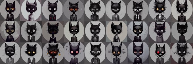 A grid of stylized cartoon cat characters in suits with varied expressions, glowing eyes, and slightly spooky or whimsical designs on circular backgrounds.