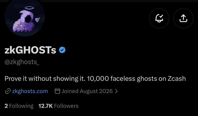 A screenshot of the verified zkGHOSTs (@zkghosts_) X/Twitter profile showing 12.7K followers, a bio reading "Prove it without showing it. 10,000 faceless ghosts on Zcash," and a link to zkghosts.com with an August 2026 join date. The image corresponds to the accompanying watchlist post highlighting the project's 10,000 supply on the Zec (Zcash) chain and its ongoing ghost auction and list applications.