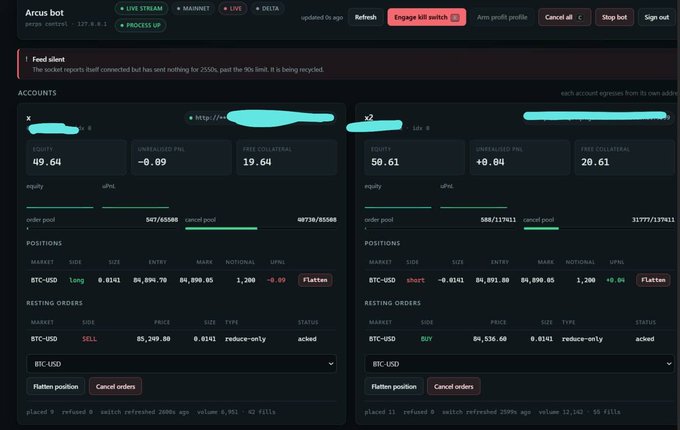 A trading bot dashboard called 'Arcus bot' showing two BTC-USD accounts with positions including a Long position at $4,894.70 and a Short position at $4,891.80, displaying equity, unrealized PNL, and order pool metrics.