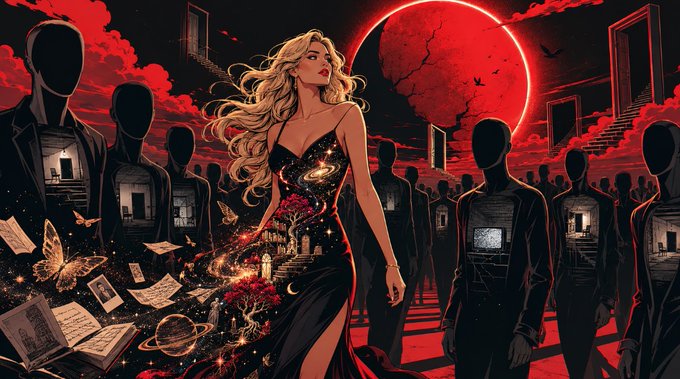 A surreal dark fantasy digital illustration of a blonde woman in an elegant dress with a cosmic dress design, standing before a large red moon surrounded by shadowy faceless figures with TVs inside them, scattered books, butterflies, and flowers.