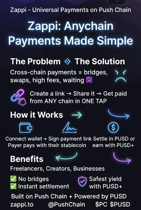 The image is a promotional infographic for "Zappi," a universal payments solution built on Push Chain, highlighting its ability to simplify cross-chain payments by eliminating bridges, swaps, and high fees through one-tap payment links that settle in PUSD. It visually outlines the problem (cross-chain payment complexity) and the solution (creating, sharing, and getting paid from any chain instantly), while listing benefits like no bridges, instant settlement, and earning yield with PUSD+, directly supporting the post's message about how Zappi streamlines crypto payments across different blockchains.