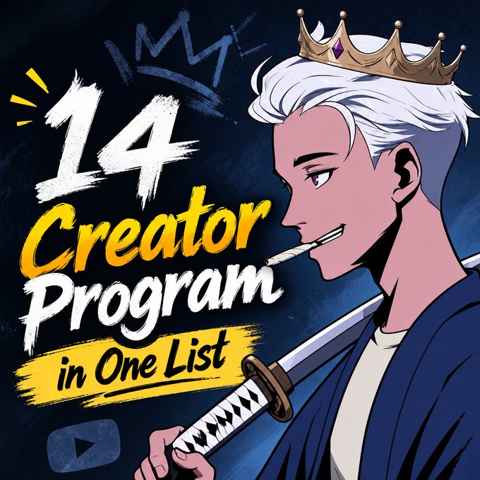 An anime-style character with white hair, a crown, and a katana stands against a dark blue background beside the stylized text "14 Creator Program in One List," visually introducing the accompanying tweet that highlights various creator and ambassador programs such as Sprint, TheHub, FBYT Elite, and Vanta Ambassador.