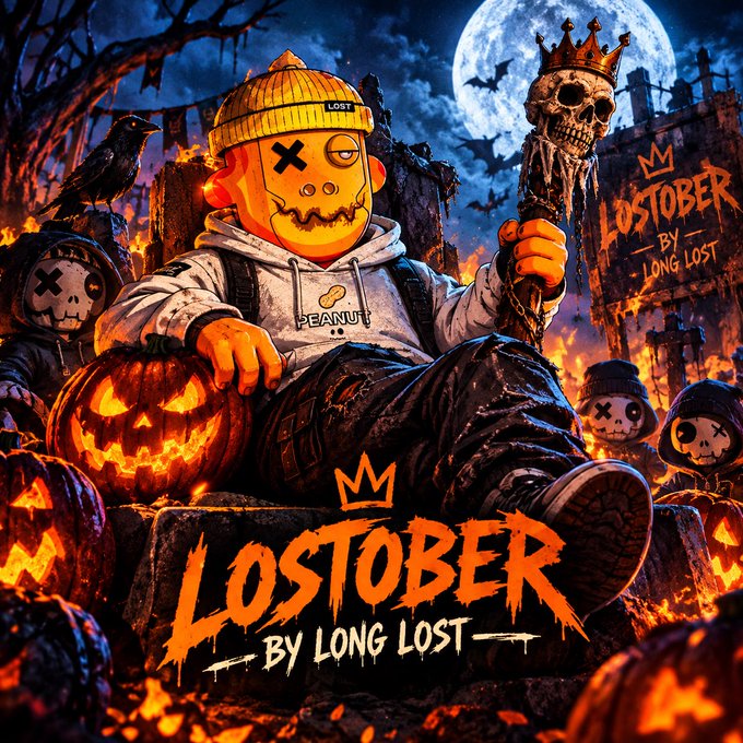 A Halloween-themed promotional poster titled 'LOSTOBER BY LONG LOST' featuring a cartoon character in a yellow beanie holding a skull-topped scepter, surrounded by jack-o'-lanterns and gravestones.
