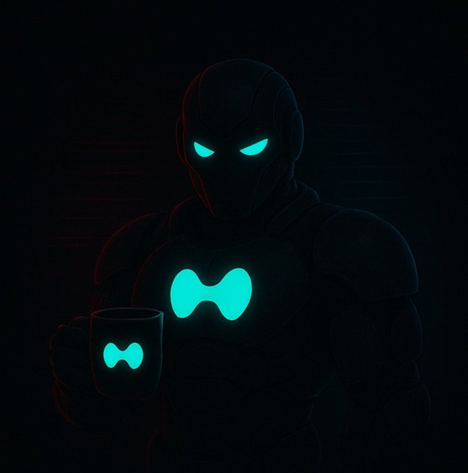 The image features a man with blue eyes, wearing a black suit or armor, holding a cup of coffee against a dark background. There are two cups visible in the scene - one being held by the person and another placed nearby. The caption "Gm CT Have a nice Thursday Hyperliquid" is written at the bottom right corner of the image.