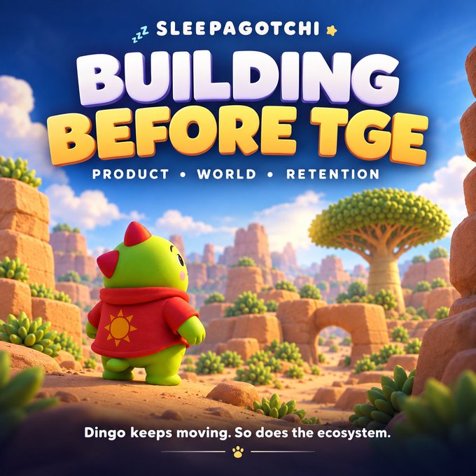 A promotional graphic for Sleepagotchi featuring a green character named Dingo wearing a red sun shirt, standing in a desert canyon landscape with the headline "BUILDING BEFORE TGE" and subtext "PRODUCT • WORLD • RETENTION," plus the tagline "Dingo keeps moving. So does the ecosystem." The image visually reinforces the post's thesis that Sleepagotchi is prioritizing product development, world-building, and retention over typical pre-TGE token farming strategies.